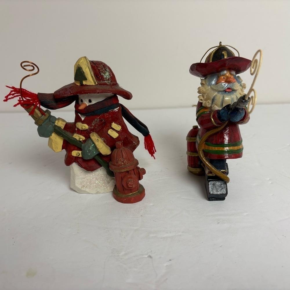 Festive Firefighter Snowman Figurine and Santa Firefighter Ornament